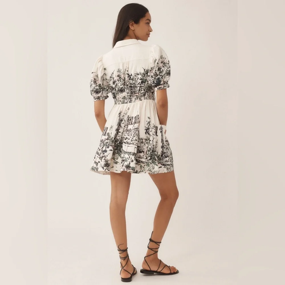 Anthropologie Linen Short-Sleeve Collared Mini Shirt Dress - Picture 2 of 4